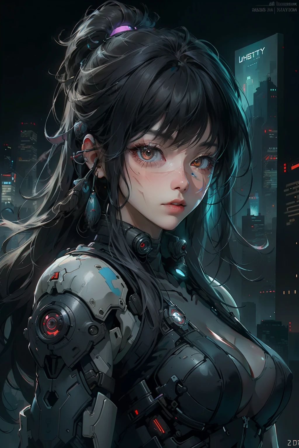 ((best quality)), ((Masterpiece)), (details:1.4), 3d, Image of a beautiful cyberpunk woman., HDR (high dynamic range), mature woman, long hair, black hair, future police, PBR surface, After processing, Anisotropic filtration,depth of field, Maximum clarity and clarity, multi-layered surface, perfect proportions, 8K raw files, future world, at night, Scars on the face, futuristic city background,