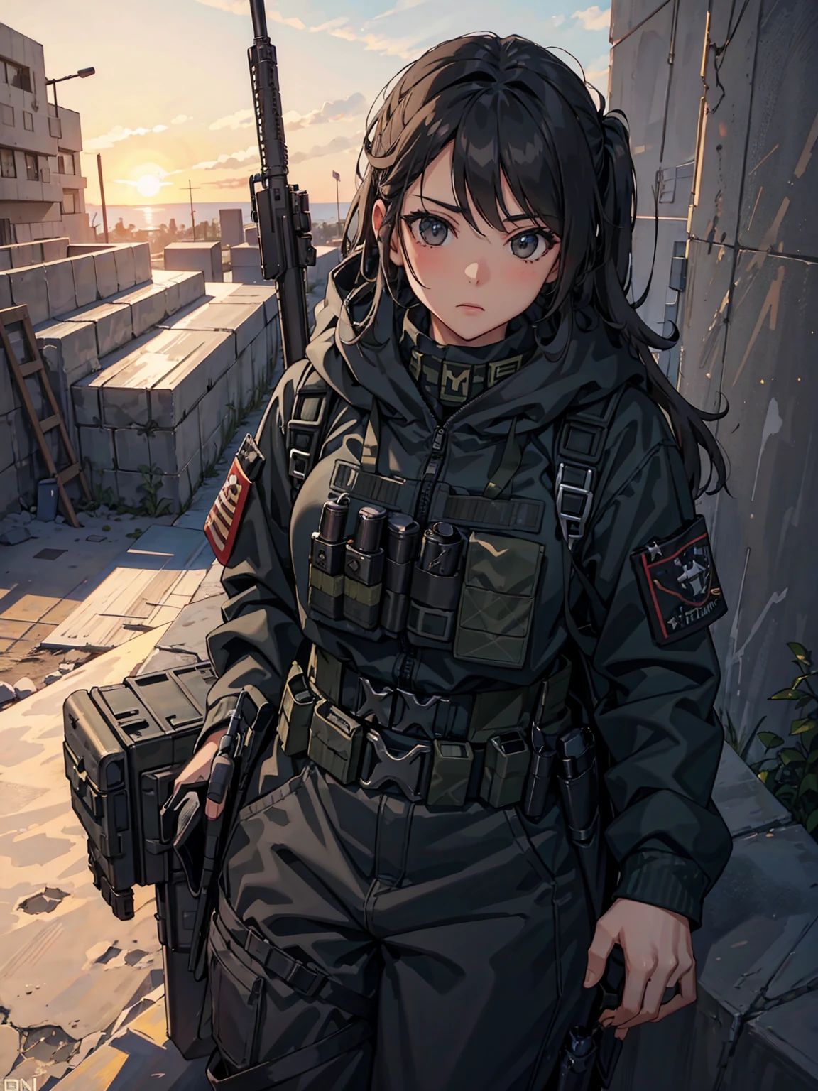 tacticool, military girl, looking off into the sunset, full military girl, large backpack, rifle, chest plate, hanna owo, Perfect face, cimimatic image, movie quality, anime, 