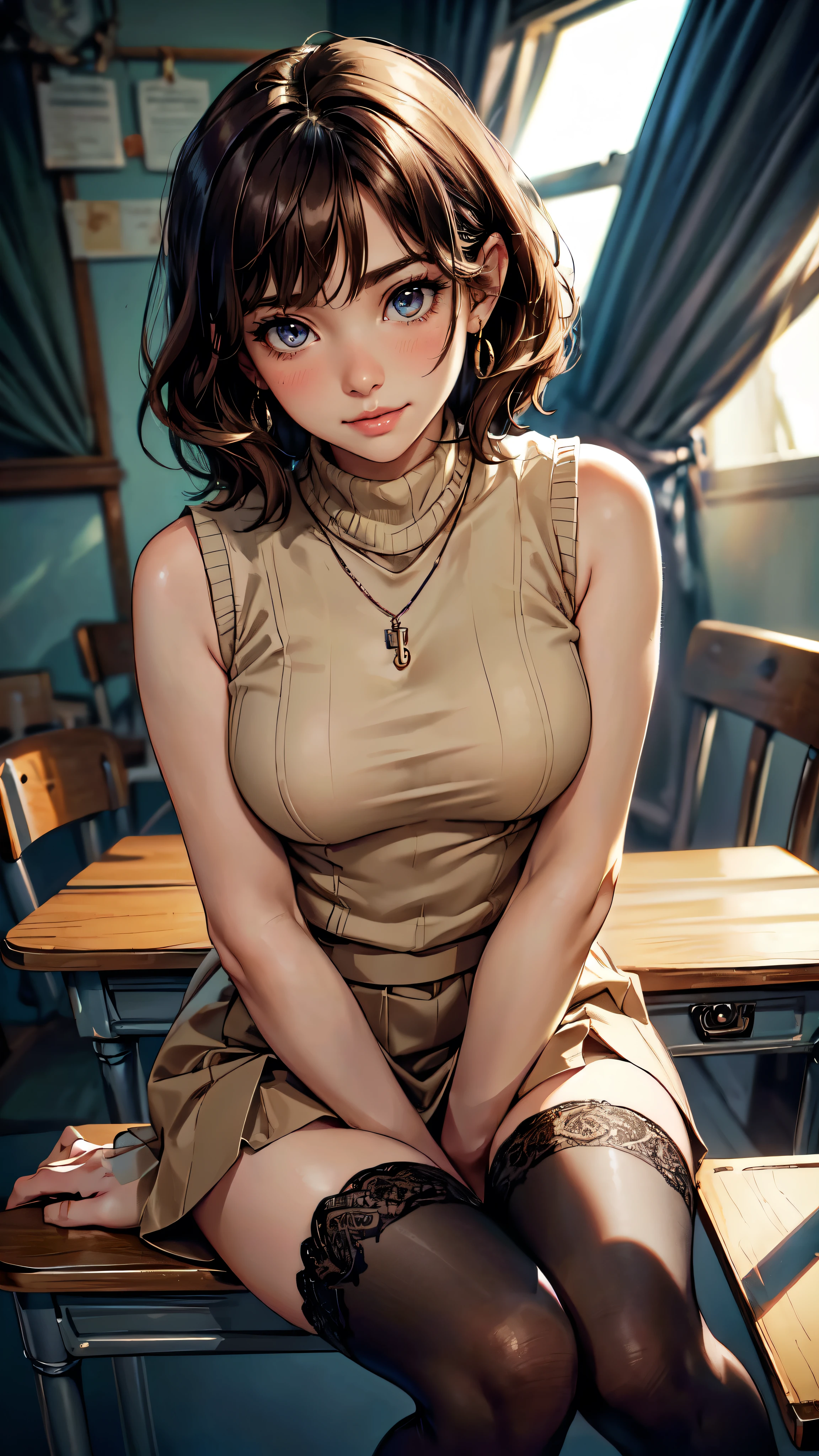 (table top, highest quality, High resolution, , perfect pixel, 4k,), 1 girl, single, alone, Beautiful woman、I could see the whole body、 ((wavy short hair, bangs, brown hair)), ((brown eyes, beautiful eyelashes, realistic eyes)), ((detailed face, blush:1.2)), ((smooth texture:0.75, realistic texture:0.65, realistic:1.1, Anime CG style)), medium breasts, dynamic angle, perfect body, ((, female teacher, , earrings、necklace、Beige turtleneck sleeveless sweater、dark blue long flared skirt、black knee high stockings、open both legs wide、、shy smile、sit at a desk in the classroom、touch your chest with both hands)), Upper grade、、、evening、、(Pink lace panties are visible、、、angle from below)、,detailed face, detailed eyes, detailed hands, elf woman, full body
