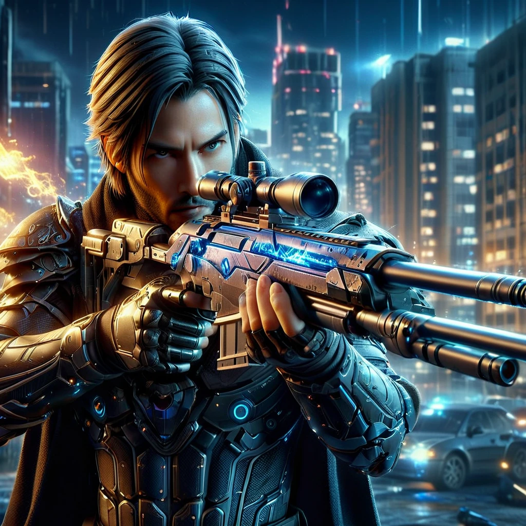 Upper body photograph of (JohnnyCyber:1.2) aiming his silver-cyberpunk sniper rifle, cyberpunk clothes with samurai design prints, (face of Keanu Reeves:1.2), (robotic-left-arm:1.3), brown pilot sunglasses, detailed face and skin, (cyberpunk-hotel-room:1.2), holographic images, strong bokeh, 16k, UHD, DSLR, insane detailed, film grain, award-winning picture, cinematic shot