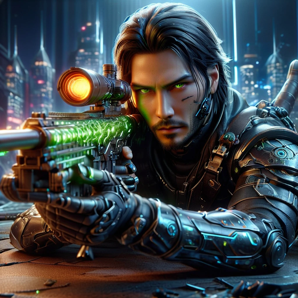 Upper body photograph of (JohnnyCyber:1.2) aiming his silver-cyberpunk sniper rifle, cyberpunk clothes with samurai design prints, (face of Keanu Reeves:1.2), (robotic-left-arm:1.3), brown pilot sunglasses, detailed face and skin, (cyberpunk-hotel-room:1.2), holographic images, strong bokeh, 16k, UHD, DSLR, insane detailed, film grain, award-winning picture, cinematic shot