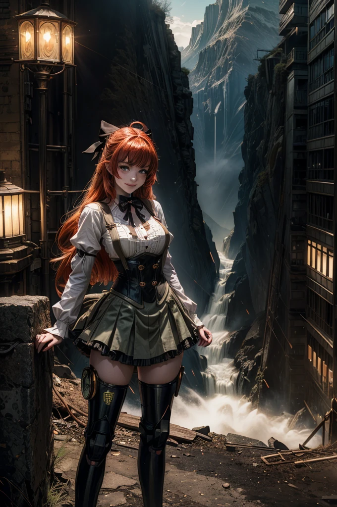 cowboy shot, (dynamic pose) smile, underbust, Penny Polendina, long red hair, neck ribbon, suspender skirt, corset, black bow, white blouse, mechanical legs, neon trim,standing in city ruins on hill, in valley, BREAK mountains in background, waterfall, (crowd, (crowd in military uniform)), post-apocalypse, dystopian future, (volumetric lighting), intricate details, tonemapping, sharp focus, hyper detailed, 