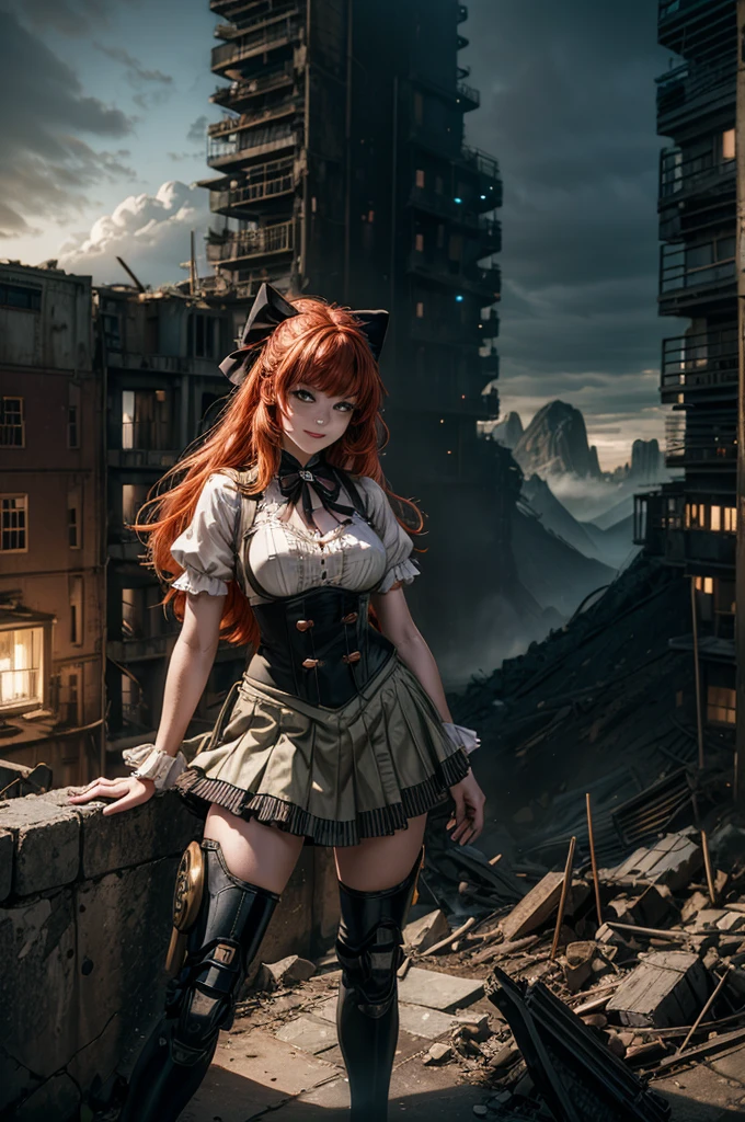 cowboy shot, (dynamic pose) smile, underbust, Penny Polendina, long red hair, neck ribbon, suspender skirt, corset, black bow, white blouse, mechanical legs, neon trim,standing in city ruins on hill, in valley, BREAK mountains in background, waterfall, (crowd, (crowd in military uniform)), post-apocalypse, dystopian future, (volumetric lighting), intricate details, tonemapping, sharp focus, hyper detailed,