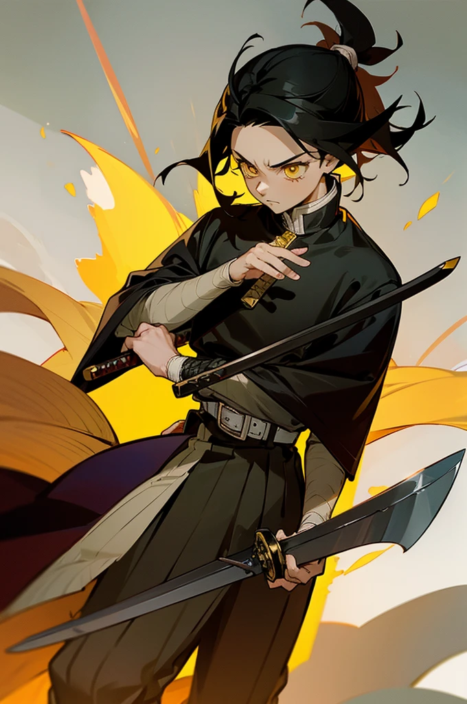 Young Adult, Male, Black Hair, poncho, One sword in Hand the other on back, sheathe, grassland background, Yellow eyes, Fighter Clothing, Masterpiece Quality, Perfect Generation. demon slayer outfit, lean build