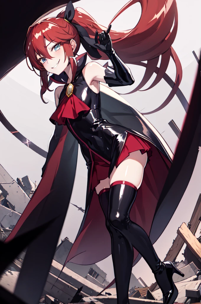 Highest quality, masterpiece, One Girl,Not beautiful, Red Ponytail, Long dress, brooch, Hair Ribbon, - Elbow hand pockets, Black knee socks, Standing on the rubble,  (Wicked Smile:1.1), ,,Dark shadowed face,Sadistic smile,Malice,Contempt,smile,latex,Bad face,,Red Skirt,two hands,two legs,five fingers,evil background,elbow gloves,latex, Wicked Smile, devilish aura (Shiny fabric:1.5),Dark world background,独奏,


