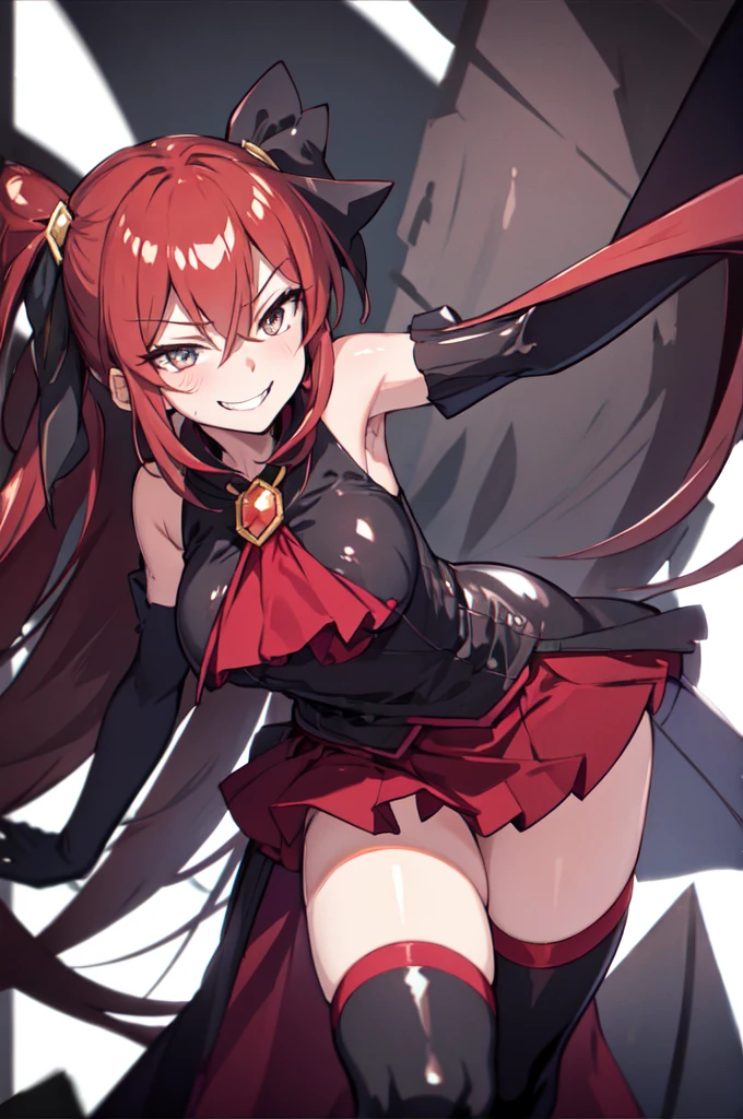 Highest quality, masterpiece, One Girl,Not beautiful, Red Ponytail, Long dress, brooch, Hair Ribbon, - Elbow hand pockets, Black knee socks, Standing on the rubble,  (Wicked Smile:1.1), ,,Dark shadowed face,Sadistic smile,Malice,Contempt,smile,latex,Bad face,,Red Skirt,two hands,two legs,five fingers,evil background,elbow gloves,latex, Wicked Smile, devilish aura (Shiny fabric:1.5),Dark world background,独奏,


