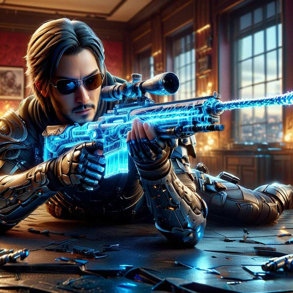 Upper body photograph of (JohnnyCyber:1.2) aiming his silver-cyberpunk sniper rifle, cyberpunk clothes with samurai design prints, (face of Keanu Reeves:1.2), (robotic-left-arm:1.3), brown pilot sunglasses, detailed face and skin, (cyberpunk-hotel-room:1.2), holographic images, strong bokeh, 16k, UHD, DSLR, insane detailed, film grain, award-winning picture, cinematic shot