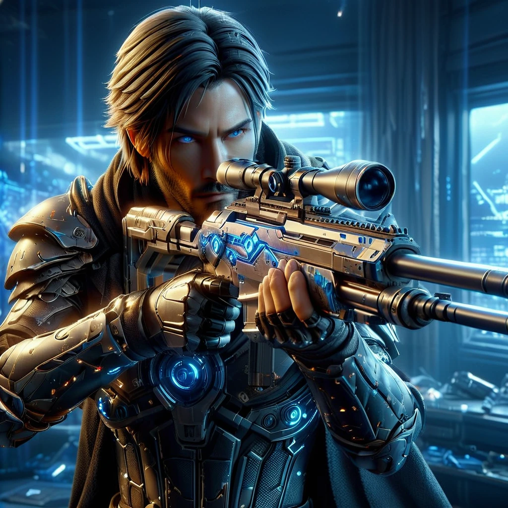 Upper body photograph of (JohnnyCyber:1.2) aiming his silver-cyberpunk sniper rifle, cyberpunk clothes with samurai design prints, (face of Keanu Reeves:1.2), (robotic-left-arm:1.3), brown pilot sunglasses, detailed face and skin, (cyberpunk-hotel-room:1.2), holographic images, strong bokeh, 16k, UHD, DSLR, insane detailed, film grain, award-winning picture, cinematic shot