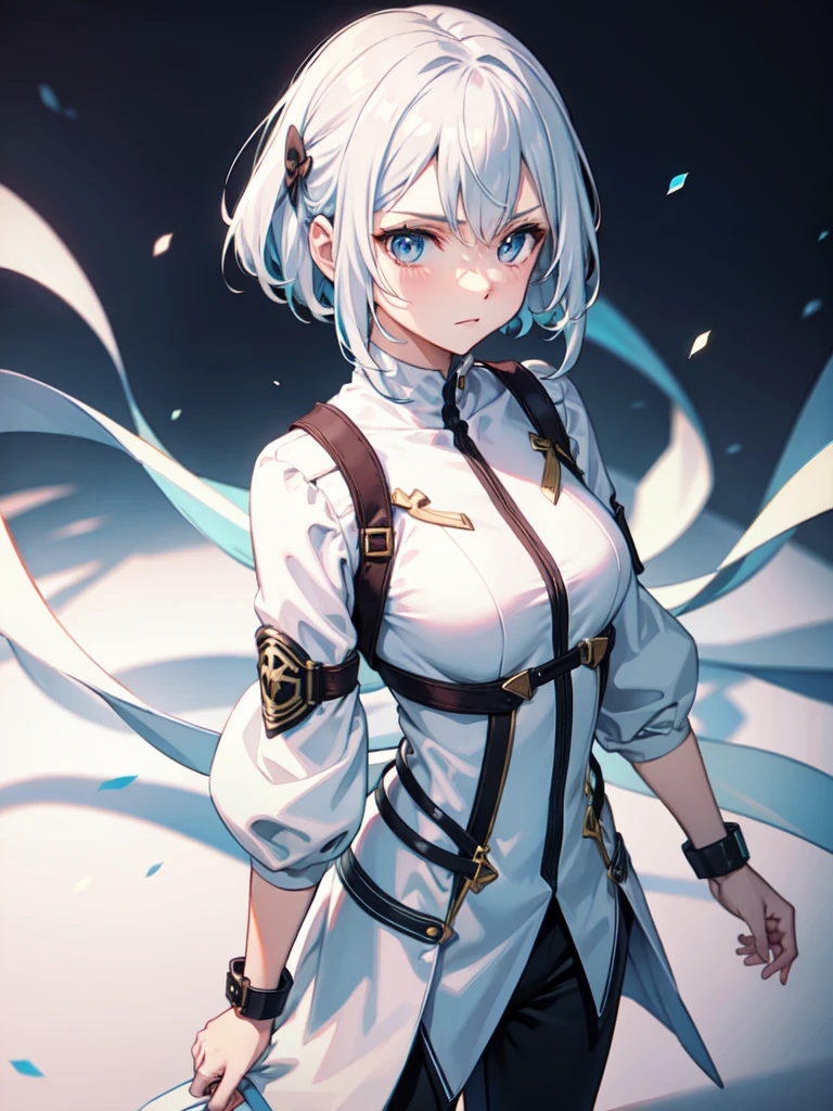 1 girl, white hair, sharp eyes, light blue eyes, bow, serious look, masterpiece, high quality, short hair, white combat clothes, white combat uniform 