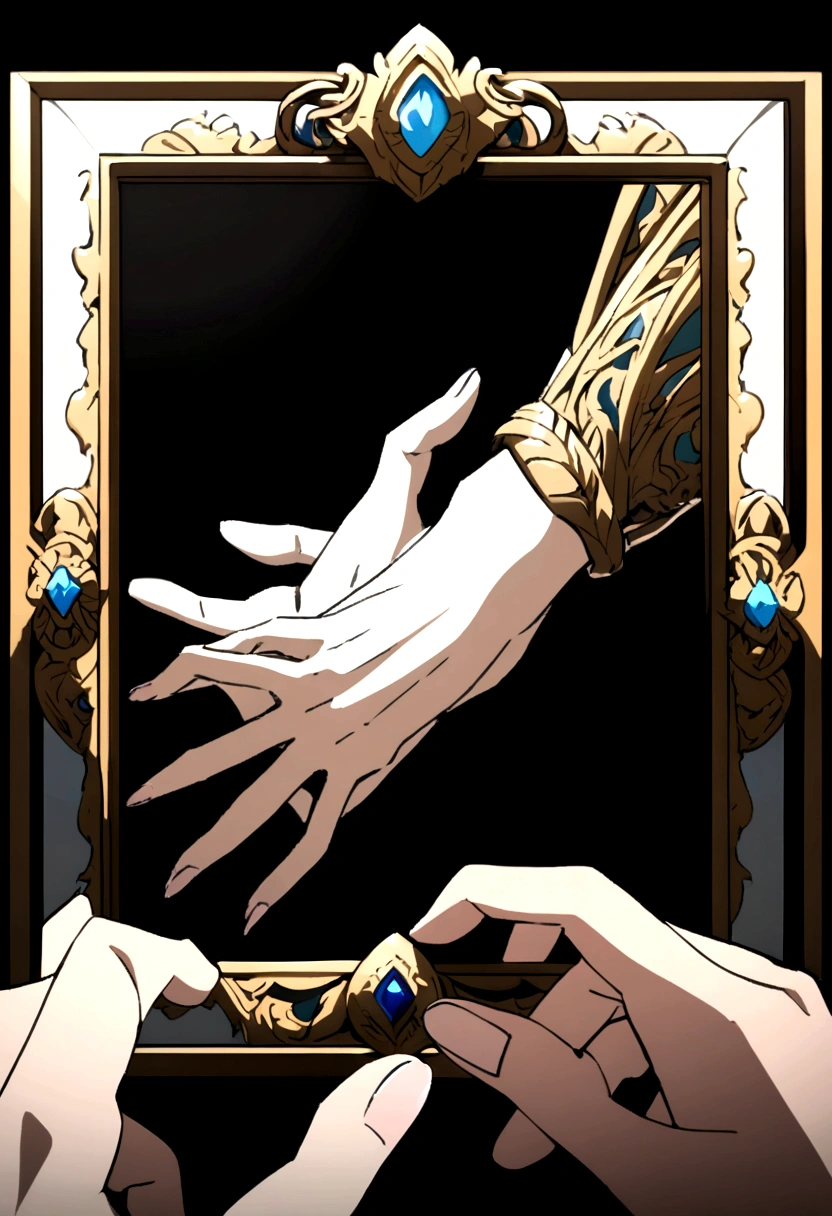 Photo frame without any content being held by a hand, black background, perfect hand, anime style