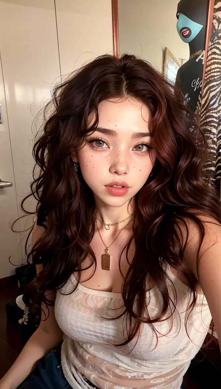 plucked woman with red hair and a necklace sitting on a step, curly copper colored hair, with curly red hair, curly bang, red curly hair, wild ginger hair, curly red hair, Madison Beer como Leeloo, ginger wavy hair, ginger hair with freckles, coral brown hair, red curly hair, with long curly hair