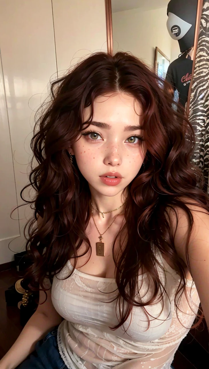 plucked woman with red hair and a necklace sitting on a step, curly copper colored hair, with curly red hair, curly bang, red curly hair, wild ginger hair, curly red hair, Madison Beer como Leeloo, ginger wavy hair, ginger hair with freckles, coral brown hair, red curly hair, with long curly hair