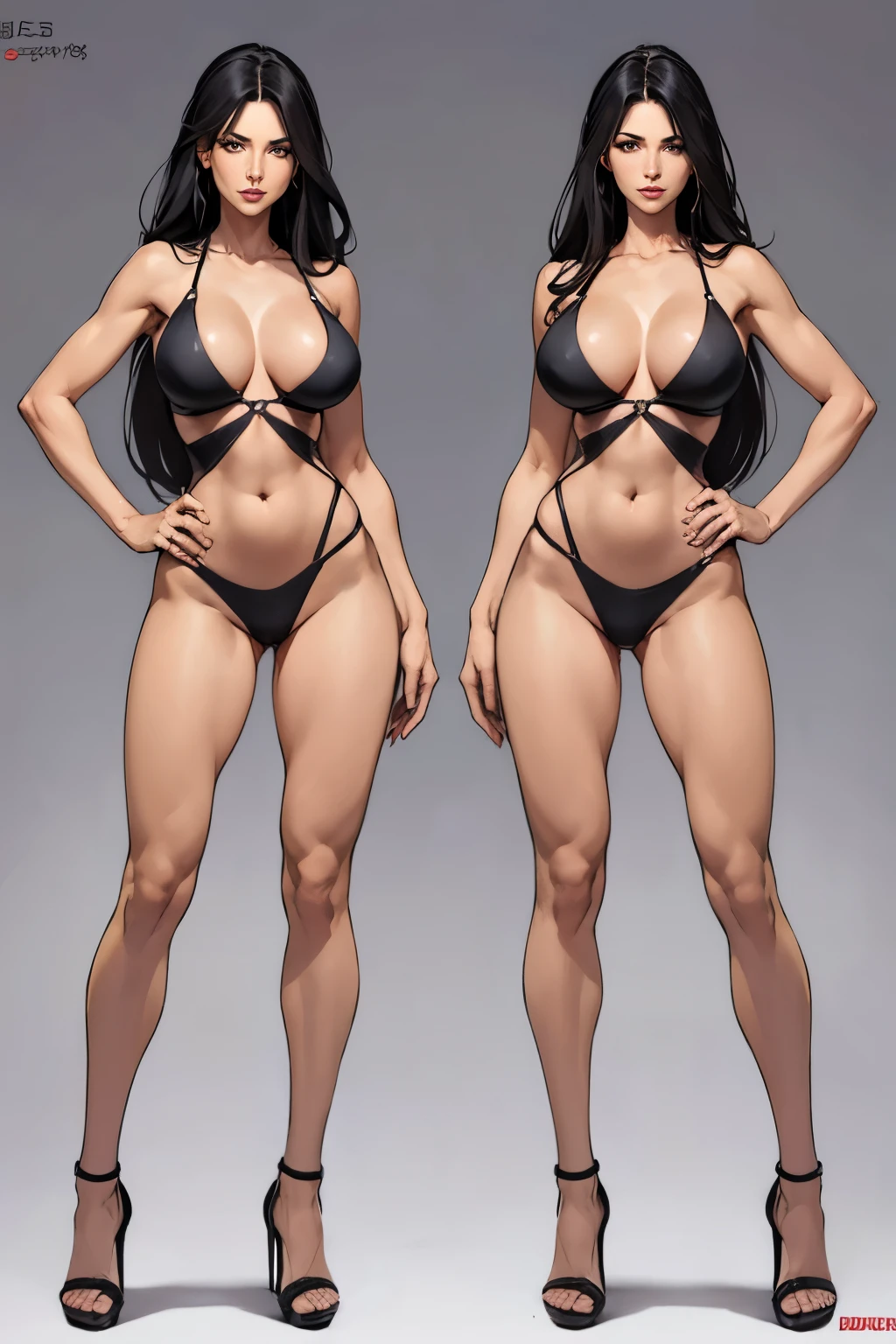 Turnaround sheet character Beautiful mature woman 35 years old. tall and perfect body, model posing, dynamic pose, long black  hair, flowing hair, messy hair, Well-shaped symmetrical large breasts