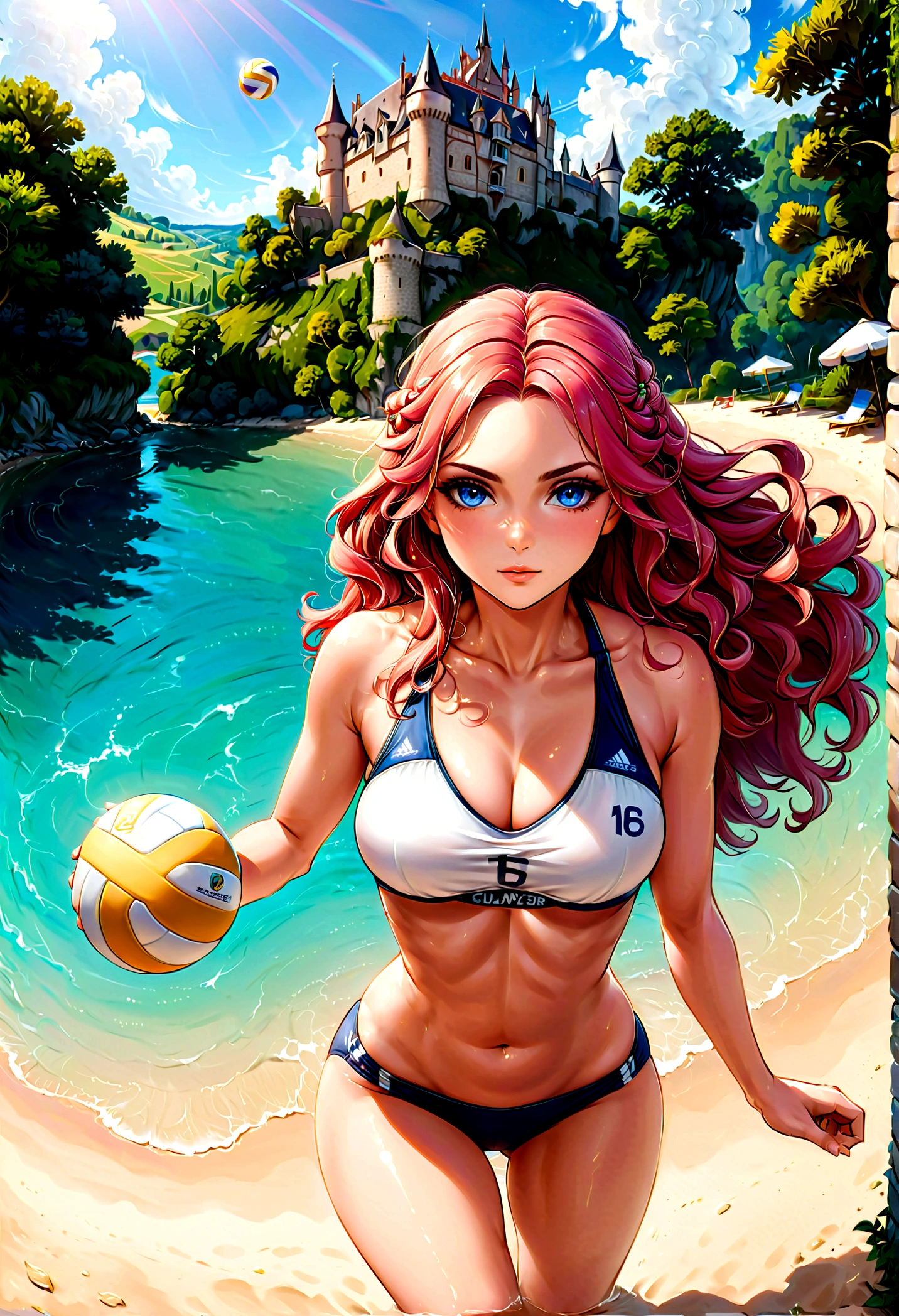 a masterful picture of a woman ((playing volleyball: 1.3) on an on coast of the Loir river, an extraordinary beautiful renaissance woman, long hair, wavy hair, dynamic hair color, dynamic eye color, playing volleyball, in a beautiful beach on the Loir river, best detailed face, a French medieval castle on the river bank in the background, Ultra-high resolution, High Contrast, (masterpiece:1.5), highest quality, Best aesthetics), best details, best quality, highres, 16k, [ultra detailed], masterpiece, best quality, (extremely detailed), Intense gaze, chumbasket art style, 