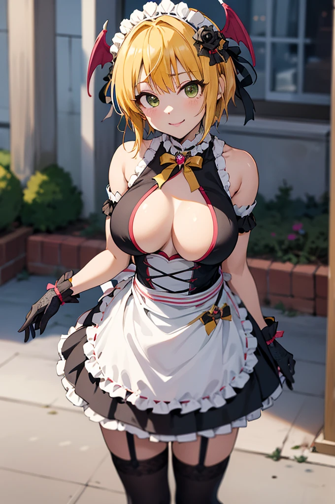 masterpiece, best quality, highres, hmfre, blonde hair, head wings, hair ornament, maid headdress, bow, bare shoulders, maid, cleavage cutout, black gloves, apron, garter straps, black thighhighs, idolmaster cinderella girls, smile, standing, cowboy shot, arms at sides, straight-on, outdoors,huge breasts,nsfw