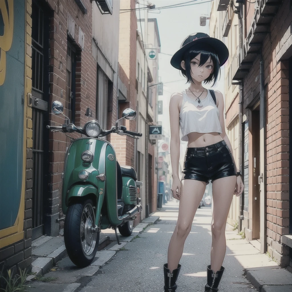 girl similar to gorillaz noodle, black short hair ((drawing)), ((anime girl nose)) ,A very thin girl, with extremely pale skin, wearing a white Bucket Hat. She is dressed in a collarless white crop top, exposing the strap of her black bikini, black tight shorts, and brown boots. She stands next to a vintage green Vespa motorcycle, holding an empty bottle. The setting is an urban alley, decorated with vibrant street art and graffiti on the brick walls. The alley is dimly lit, casting dramatic shadows and enhancing the dystopian atmosphere.