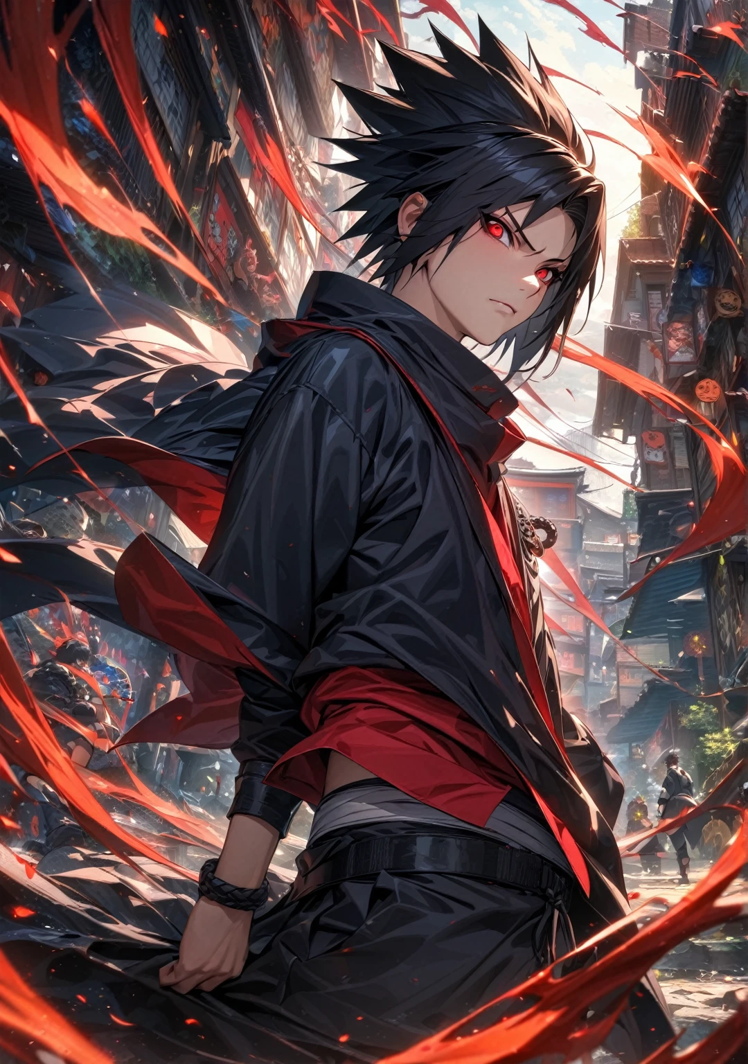 (absurdres, highres, ultra detailed, HDR), master piece, best quality, Uchiha Sasuke, black hair, vibrant red eyes, Naruto Shippuden