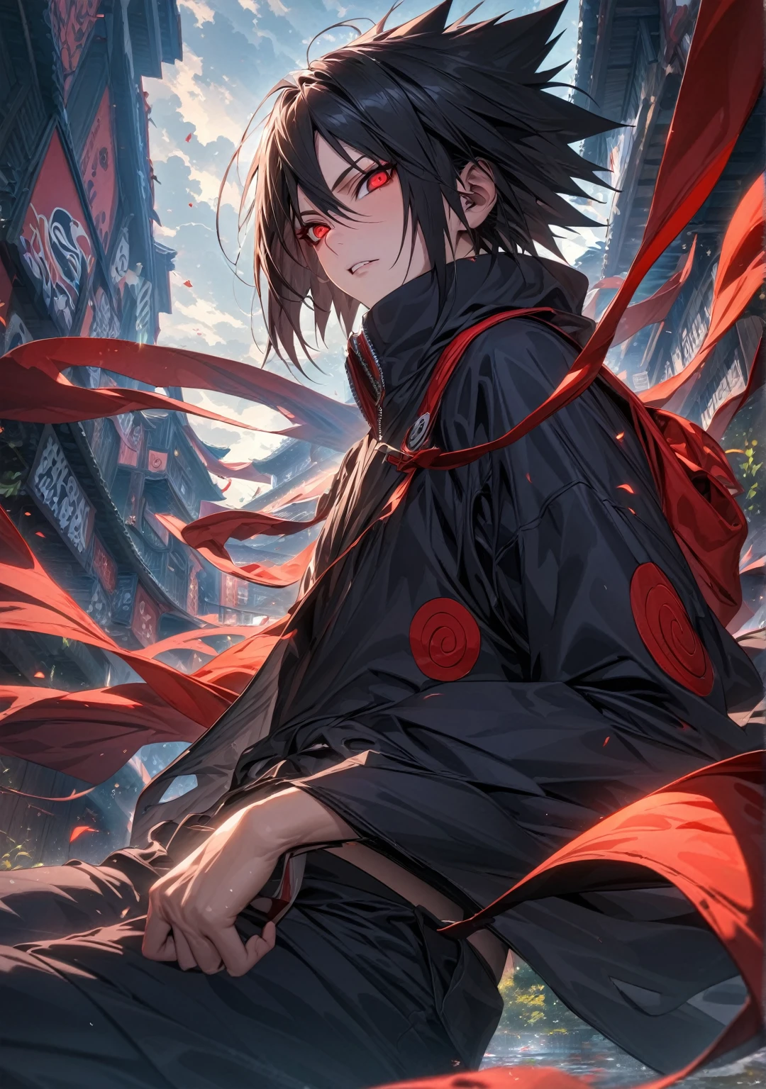 (absurdres, highres, ultra detailed, HDR), master piece, best quality, Uchiha Sasuke, black hair, vibrant red eyes, Naruto Shippuden