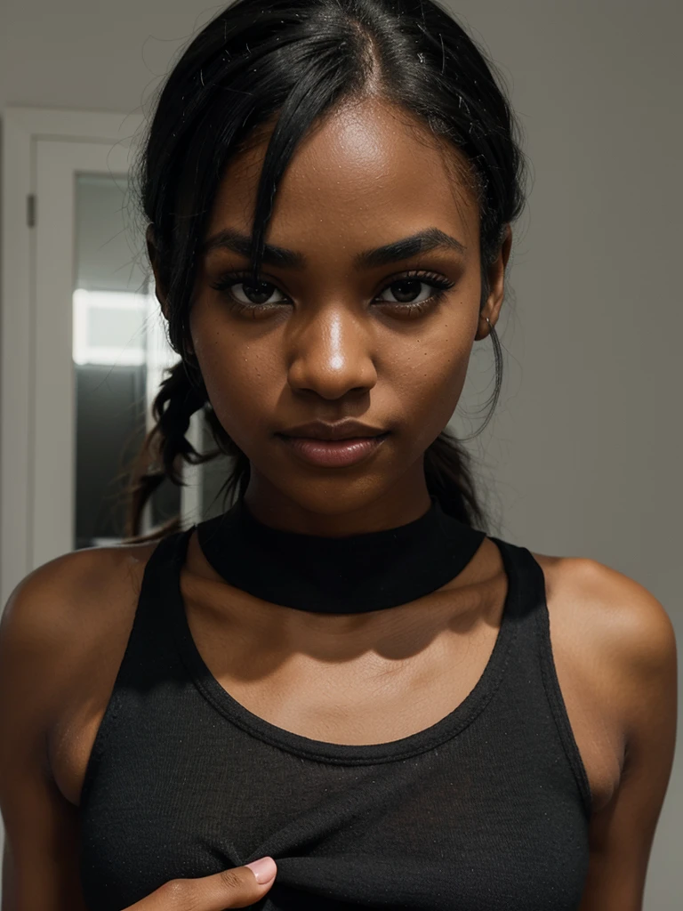 A young black woman with black skin, pretty and skinny girl, oval face, fine features, well-defined eyebrows, large dark brown eyes with long eyelashes, thin nose, full lips. Long black hair styled in a ponytail with a slight fringe. Wearing a light gray tank top or a fitted black dress with transparent cutouts on the sides. warm and sophisticated lighting for the interior. Direct gaze at the camera, neutral or slightly smiling expression, straight and confident posture