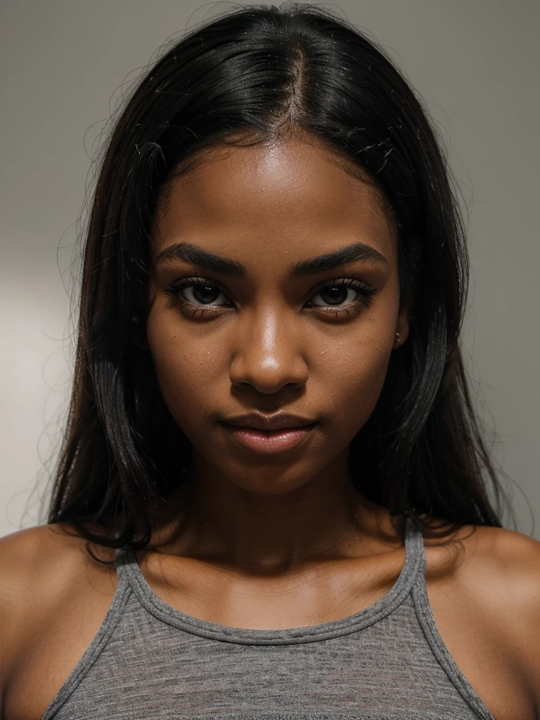 A young black woman with black skin, pretty and skinny girl, oval face, fine features, well-defined eyebrows, large dark brown eyes with long eyelashes, thin nose, full lips. Long black hair styled in a ponytail with a slight fringe. Wearing a light gray tank top or a fitted black dress with transparent cutouts on the sides. warm and sophisticated lighting for the interior. Direct gaze at the camera, neutral or slightly smiling expression, straight and confident posture