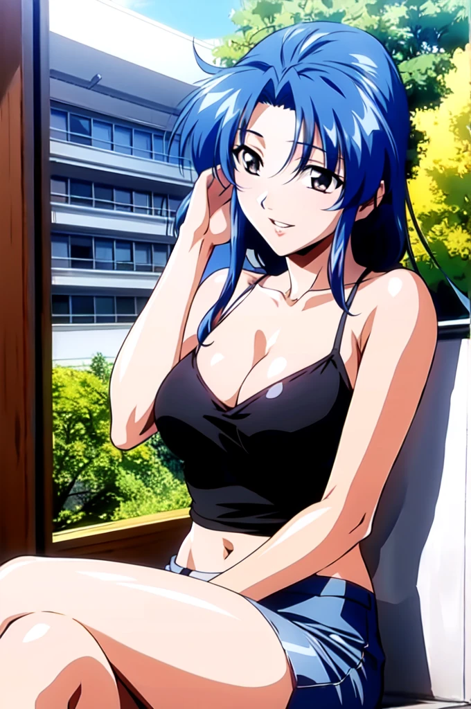 Innai Kansen - Sugimura Hiroko Innai Kansen - Sugimura Hiroko, masterpiece, best quality, a beautiful sexy mature woman sitting on a ledge with her hand on her hair, 1girl, 独奏, sitting, outdoors, breasts, cleavage, midriff, halter neck, black sleeveless shirt, mini skirt, jewelry, smile, crossed legs, parted lips, Hiroko Sugimura