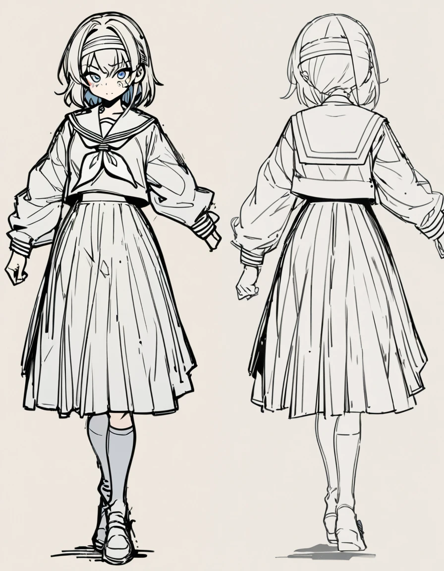 1girl, full body, sailor uniform, headband, long skirt, masterpiece, clean lineart, clean anime outlines, best quality, high quality, high details, saturated, concept, long socks, detailed face,