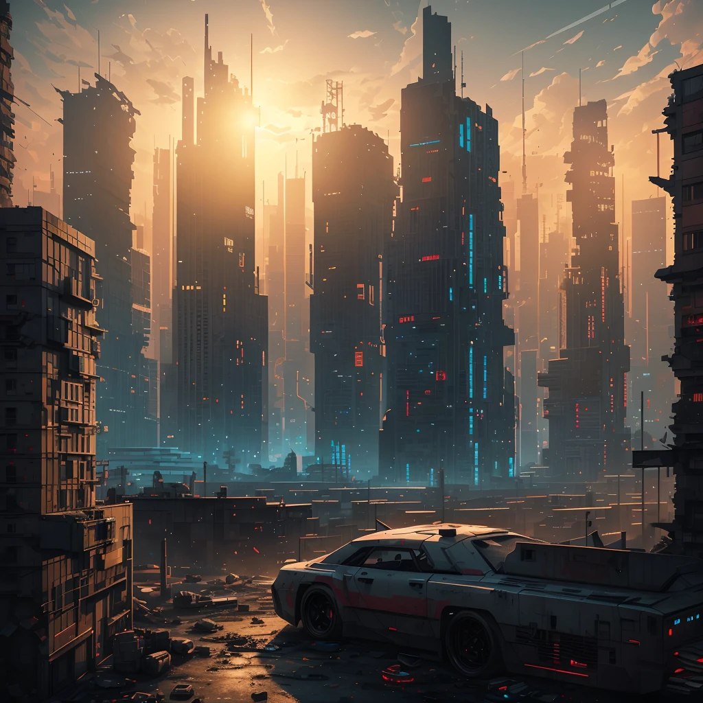 Pixel play style，Doomsday mega-urban ruins，drone point of view，fisheyelens，Cyberpunk metropolis，worn-out cars，Radiant light，Floating dust