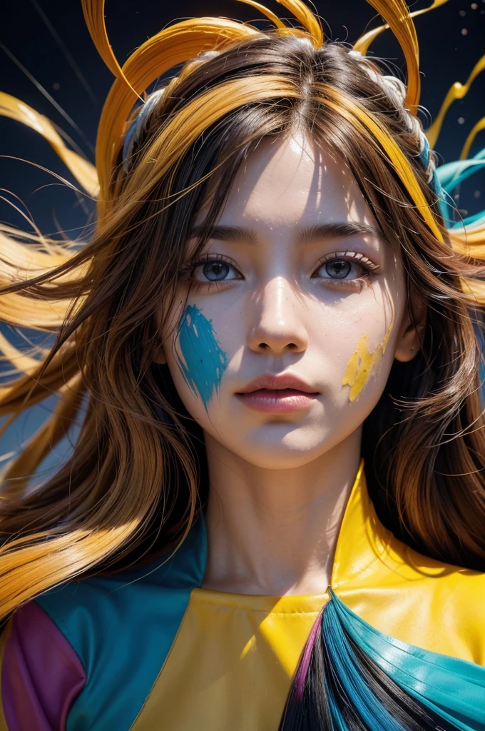 Create an ultra-realistic abstract art piece that features a dynamic interplay of vibrant colors and geometric shapes. The composition should be visually striking, with bold hues such as electric blues, fiery reds, bright yellows, and deep purples dominating the canvas. The shapes should vary in form, including sharp triangles, fluid circles, and intricate polygons, all interacting in a harmonious yet energetic dance.
Incorporate layers of texture to add depth to the piece, with some areas appearing smooth and glossy while others have a rough, almost tactile feel. The use of light and shadow should create a sense of movement and dimension, making the shapes appear as if they are floating or intersecting in a three-dimensional space.
The background can be a gradient of colors, seamlessly blending from one hue to another, enhancing the sense of flow and continuity. Random splashes of paint and intricate patterns can be added to break the uniformity and introduce an element of surprise and chaos.
Overall, the artwork should evoke a sense of excitement and curiosity, drawing the viewer in to explore the complex interplay of colors and forms. The image should be highly detailed, capturing the nuances of each shape and the vibrancy of each color, making it a visually immersive experience.