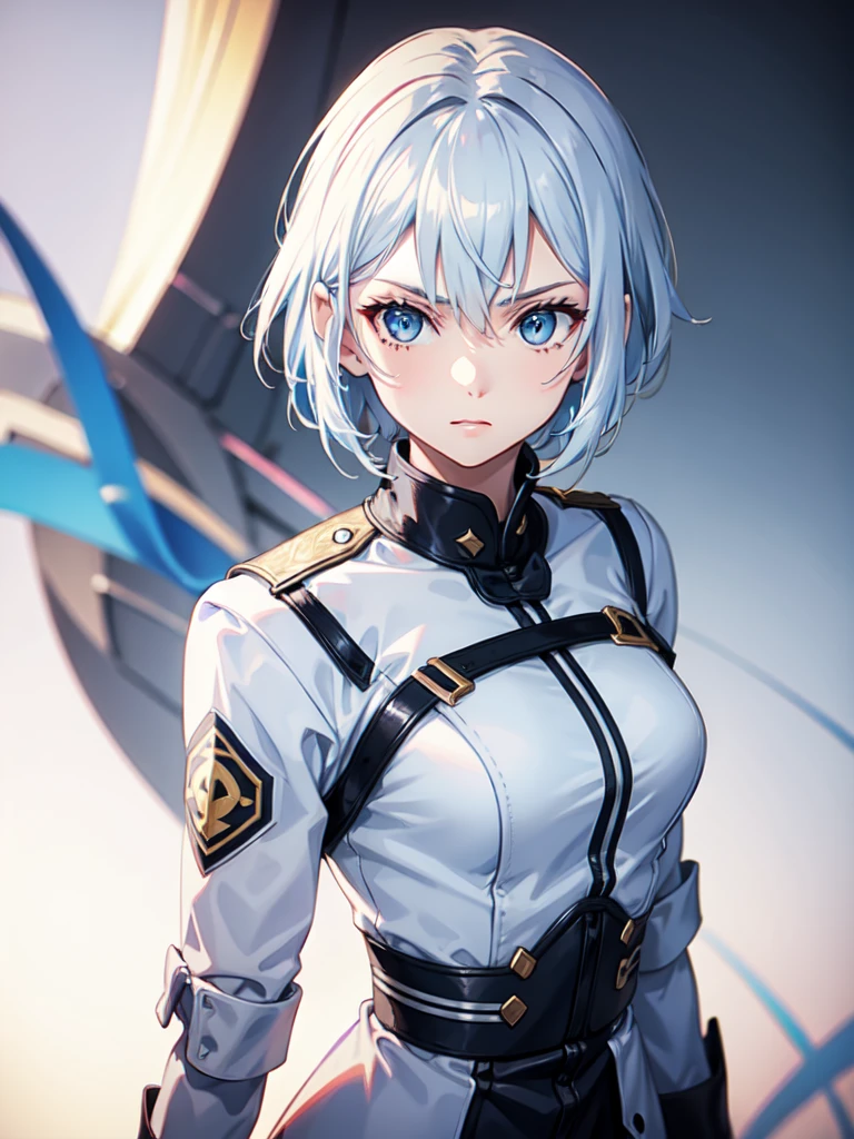 1 girl, white hair, sharp eyes, light blue eyes, bow, serious look, masterpiece, high quality, short hair, white combat uniform 