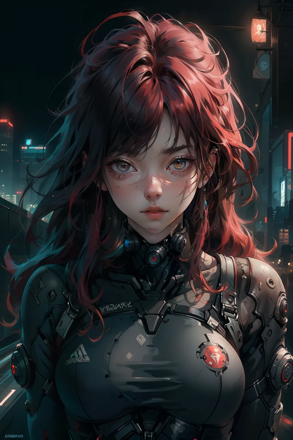 ((best quality)), ((Masterpiece)), (details:1.4), 3d, Image of a beautiful cyberpunk woman., HDR (high dynamic range), mature woman, long hair, red hair, future police, PBR surface, After processing, Anisotropic filtration,depth of field, Maximum clarity and clarity, multi-layered surface, perfect proportions, 8K raw files, future world, at night, Scars on the face, futuristic city background,