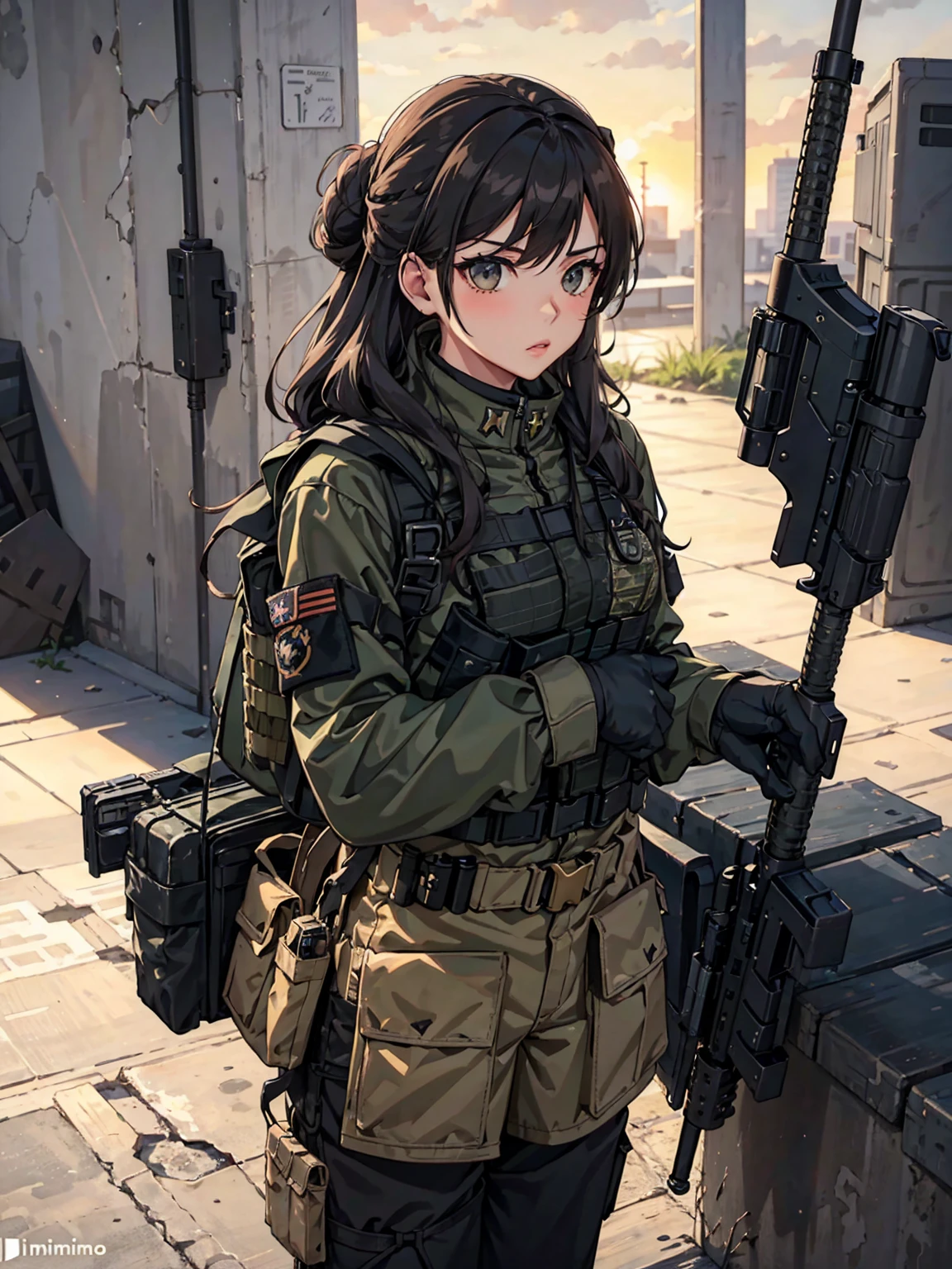 tacticool, military girl, looking off into the sunset, full military girl, large backpack, rifle, chest plate, hanna owo, Perfect face, cimimatic image, movie quality, anime, long hair bun, perfect lips, glossy lips