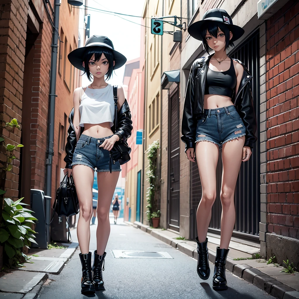 girl similar to gorillaz noodle, black short hair ((drawing)), ((anime girl nose)) ,A very thin girl, with extremely pale skin, wearing a white Bucket Hat. She is dressed in a collarless white crop top, exposing the strap of her black bikini, black tight shorts, and brown boots. She stands next to a vintage green Vespa motorcycle, holding an empty bottle. The setting is an urban alley, decorated with vibrant street art and graffiti on the brick walls. The alley is dimly lit, casting dramatic shadows and enhancing the dystopian atmosphere.