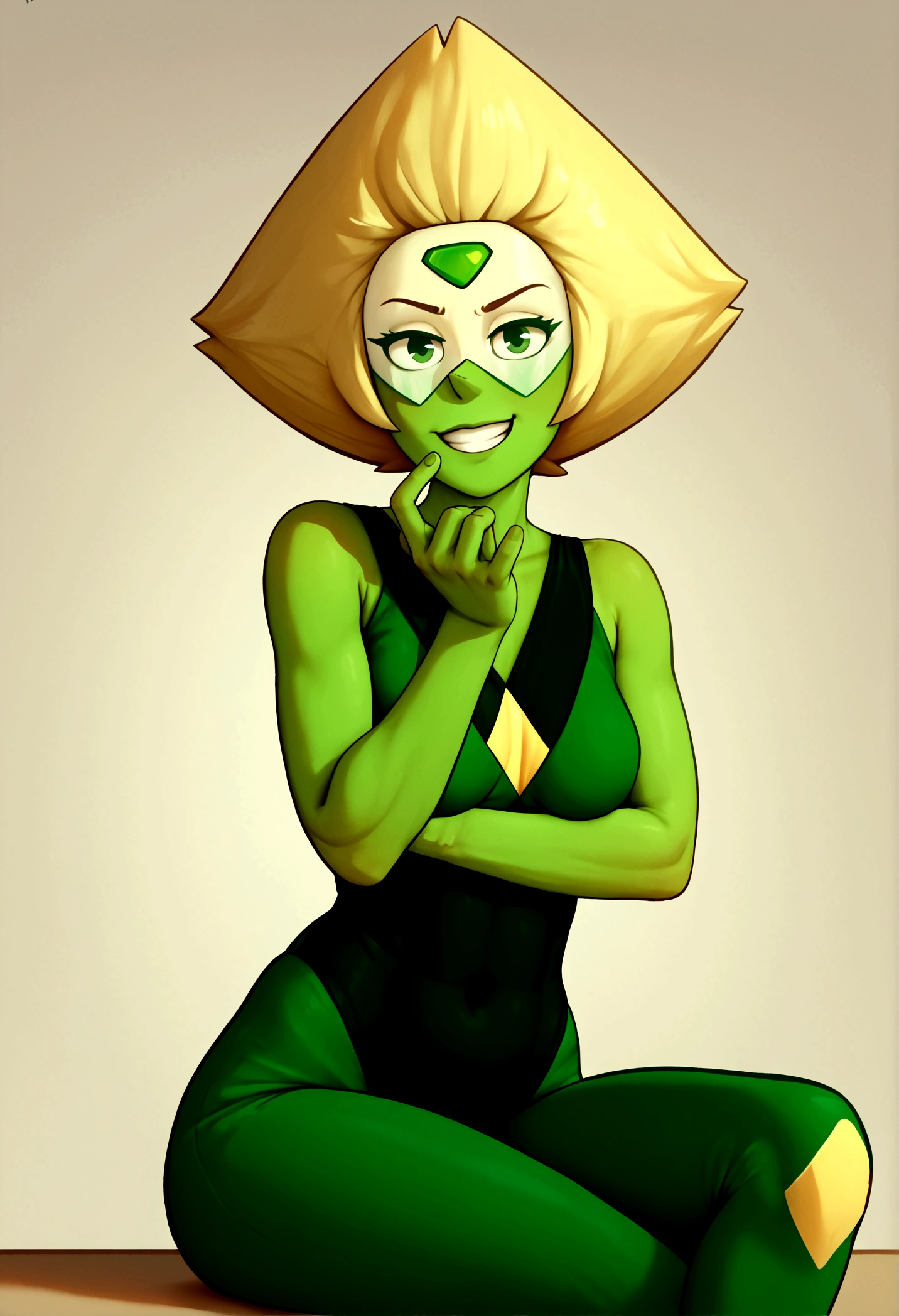 score_9,score_8_up,score_7_up,score_9,score_8_up,score_8,ultra detailed,beautiful face,beautiful hands,detailed background,detailed face,4k,HD,8k,highres,antialiasing,detailed,texture BREAK peridotSDXL,1girl,solo,looking at viewer,smile,blonde hair,medium breasts,dark green eyes,grin,black leotard,bodysuit,covered navel,colored skin,green skin,cowboy shot,room,room background,sitting,