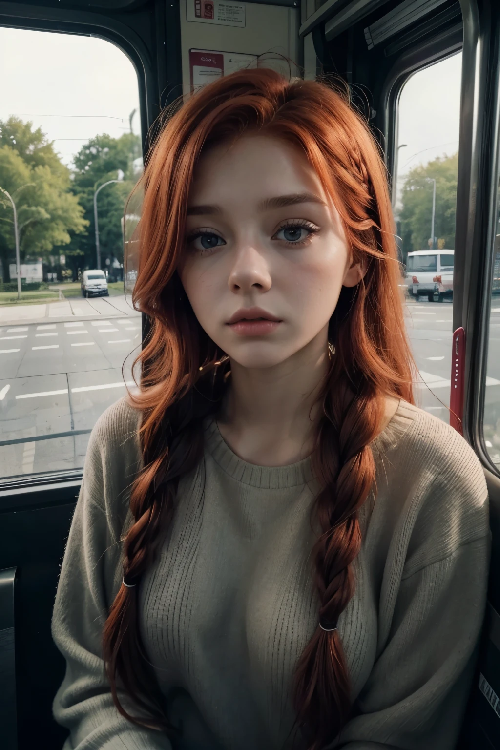 a 21 year old woman, has red hair, It is combed with a long braid, she is redhead, she is worried, is on a bus, the background is a bus, She is leaning on her own shoulder looking out the window., is listening to music