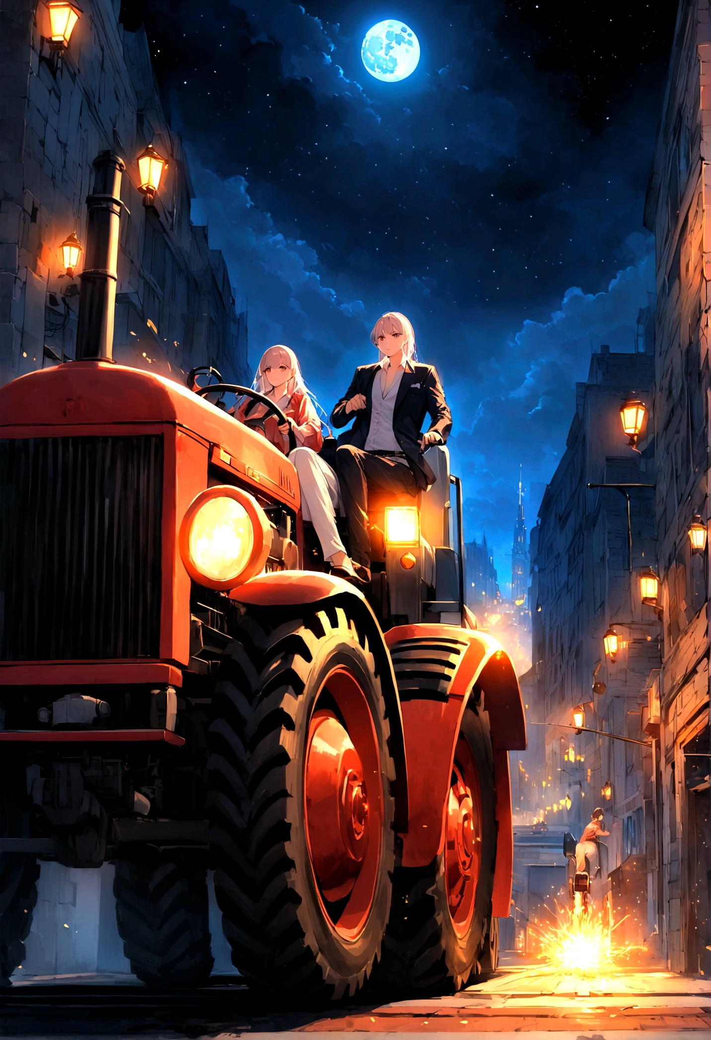 You're in the city at night, where everything around is shrouded in mystery and mystery. You have to go on a journey on a powerful, modern tractor, who is able to cope with any difficulties of the road. Your transport has a long, heavy-duty covered trailer, who is ready to transport a huge amount of cargo. When you get behind the wheel, The tractor roars powerfully, Getting ready for the journey. You control the steering wheel carefully, feeling every movement of the machine. Illuminated by the lights of the night city, the paintings float past you, creating an atmosphere of mystery and magic. You pay attention to the sparks, which are poured out of the exhaust pipe of the tractor. They sparkle in the dark, creating extra magic in this night city. Sparks leave a glowing trail behind them, Like stars on Earth. But it's not just the play of light and shadow that catches your attention, but also a huge moon, majestically rising above the city. Its light brightly illuminates your path, Making an impression, that you are driving under the moonlight. The moon seems much closer, than usual, And you can't take your eyes off her. You keep moving forward, enjoying all this beauty and power, that your tractor provides you with. You feel invulnerable, full of energy and ready to overcome any obstacles;. Thus, You will see the magical city at night, Enjoy the majestic moon and feel the power of a modern tractor. Your path will be illuminated by sparks and illuminated by the bright light of the moon, Creating an unforgettable picture. You just have to pick up the steering wheel and go on this exciting journey.