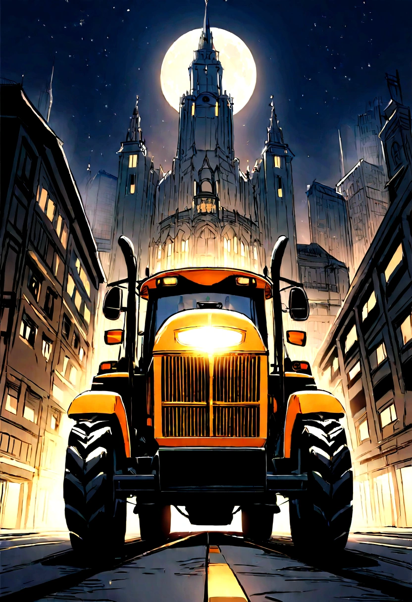 You're in the city at night, where everything around is shrouded in mystery and mystery. You have to go on a journey on a powerful, modern tractor, who is able to cope with any difficulties of the road. Your transport has a long, heavy-duty covered trailer, who is ready to transport a huge amount of cargo. When you get behind the wheel, The tractor roars powerfully, Getting ready for the journey. You control the steering wheel carefully, feeling every movement of the machine. Illuminated by the lights of the night city, the paintings float past you, creating an atmosphere of mystery and magic. You pay attention to the sparks, which are poured out of the exhaust pipe of the tractor. They sparkle in the dark, creating extra magic in this night city. Sparks leave a glowing trail behind them, Like stars on Earth. But it's not just the play of light and shadow that catches your attention, but also a huge moon, majestically rising above the city. Its light brightly illuminates your path, Making an impression, that you are driving under the moonlight. The moon seems much closer, than usual, And you can't take your eyes off her. You keep moving forward, enjoying all this beauty and power, that your tractor provides you with. You feel invulnerable, full of energy and ready to overcome any obstacles;. Thus, You will see the magical city at night, Enjoy the majestic moon and feel the power of a modern tractor. Your path will be illuminated by sparks and illuminated by the bright light of the moon, Creating an unforgettable picture. You just have to pick up the steering wheel and go on this exciting journey.