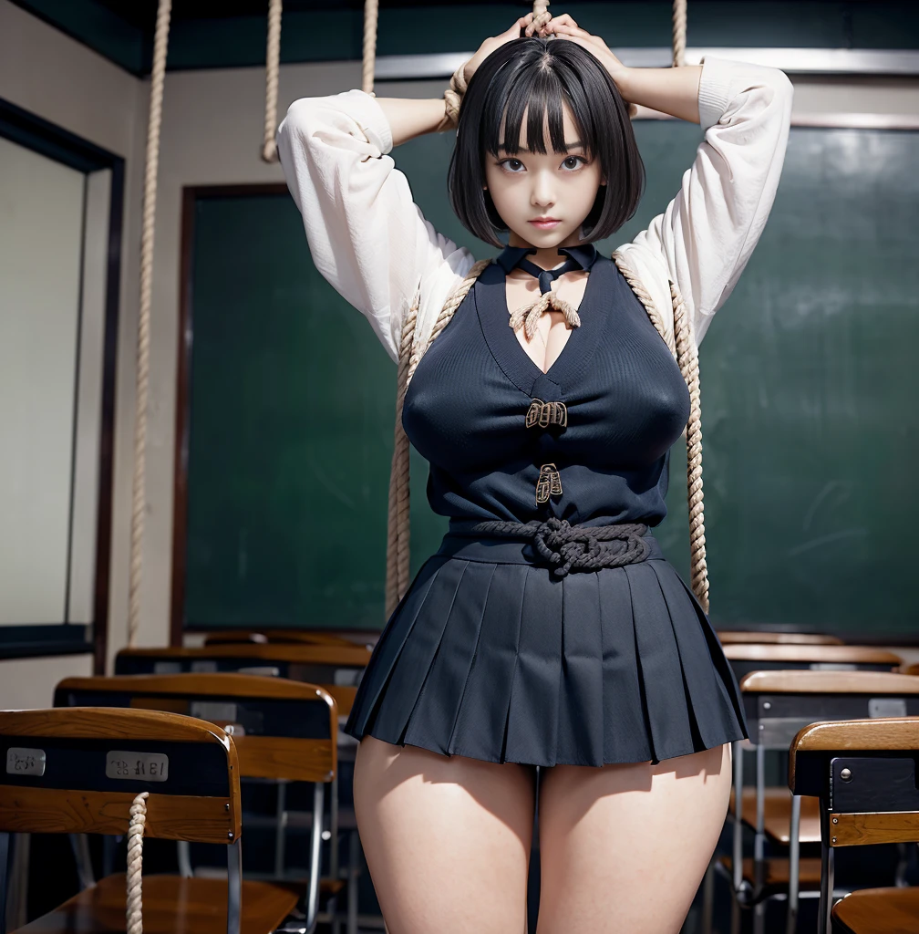 Highest quality,masterpiece,Ultra-high resolution, Very detailed, 8K,a beautiful Japanese woman:1.5, Small face, Black short hair, blunt bangs, Breast Augmentation Surgery, (High school uniform:1.5, Pleated skirt), ((chest tied with rope、 Put your hands behind your head、 Hands tied with rope、 Legs tied with rope))、 Standing in a classroom at night、 Rope hanging from the ceiling