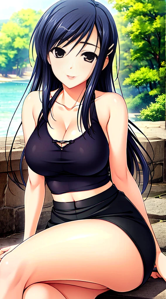 Ayako Hiiragi | Walkure Romanze, masterpiece, best quality, a beautiful sexy mature woman sitting on a ledge with her hand on her hair, 1girl, 独奏, sitting, outdoors, breasts, cleavage, midriff, halter neck, black sleeveless shirt, mini skirt, jewelry, smile, crossed legs, parted lips,