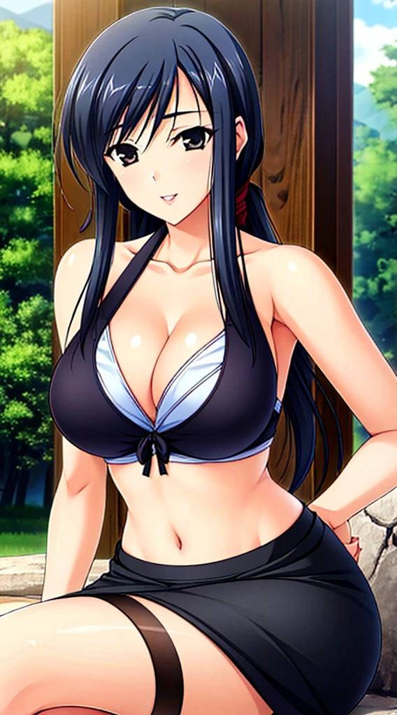 Ayako Hiiragi | Walkure Romanze, masterpiece, best quality, a beautiful sexy mature woman sitting on a ledge with her hand on her hair, 1girl, 独奏, sitting, outdoors, breasts, cleavage, midriff, halter neck, black sleeveless shirt, mini skirt, jewelry, smile, crossed legs, parted lips,