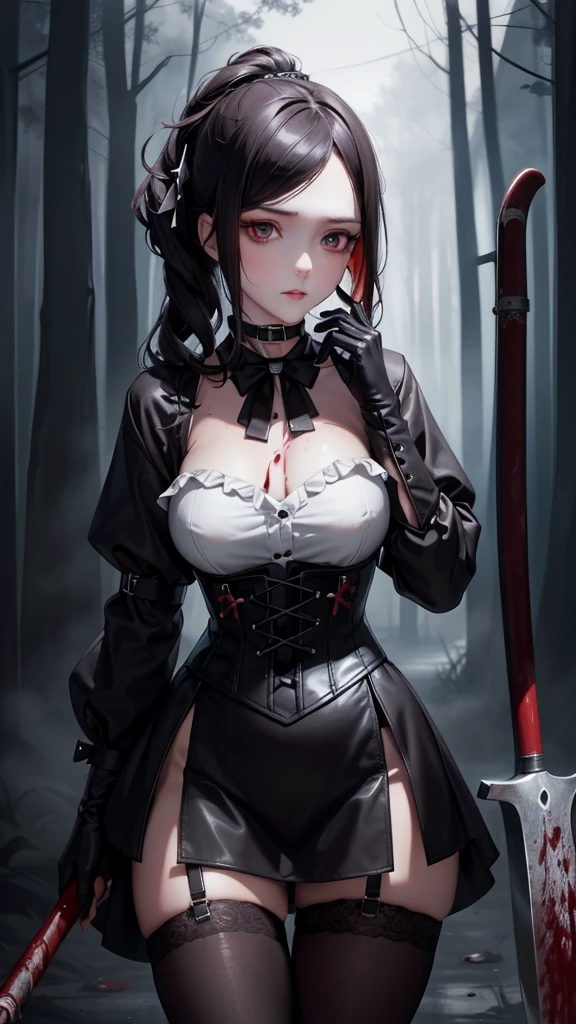 ((blood droplets)), ((blood)), ((blood splatter)), ((blood on clothes)), ((blood stain)), Masterpiece, Beautiful art, professional artist, 8k, Very detailed face, Detailed clothing, detailed fabric, 1 girl, standing, perfectly drawn body, big breasts, shy expression, pale skin, beautiful face, long black hair, Blue eyes, very detailed eyes, pink cheeks, choker:1.6, (white collar button down long sleeve shirt), black gloves, gloves that cover hands, (holds an ax with his right hand), (black leather corset), (shiny black leggings), Sensual Lips , evening de invierno, show details in the eyes, looking at the viewer, Dark road, dark forest, evening, Atmosphere, fog