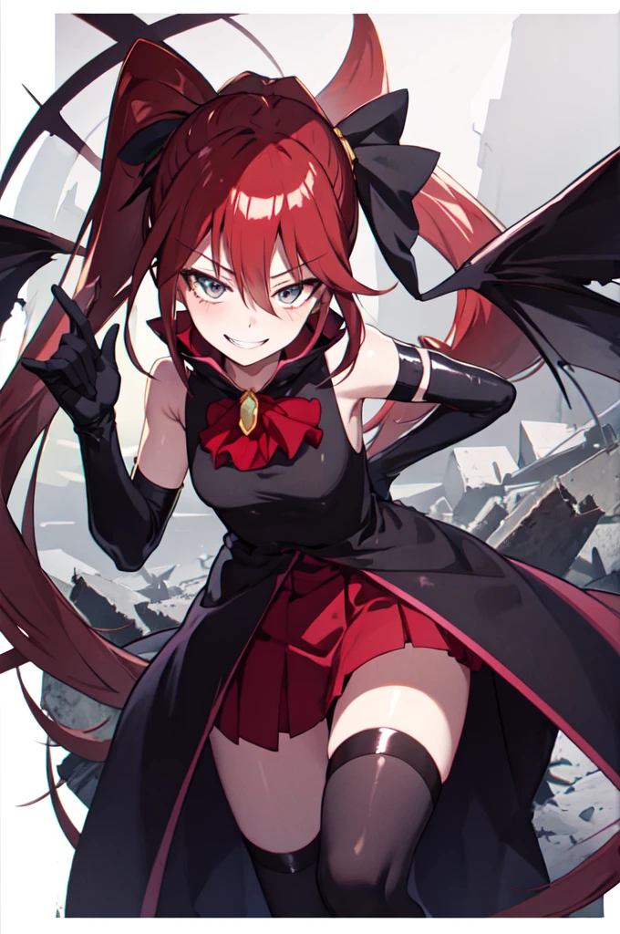 Highest quality, masterpiece, One Girl,Not beautiful, Red Ponytail, Long dress, brooch, Hair Ribbon, Black knee socks, Standing on the rubble, (Wicked Smile:1.1), ,,Dark shadowed face,Sadistic smile,Malice,Contempt,smile,latex,Bad face,,Red Skirt,two hands,two legs,five fingers,evil background,elbow gloves,latex, Wicked Smile, devilish aura (Shiny fabric:1.5),Dark world background,独奏,
