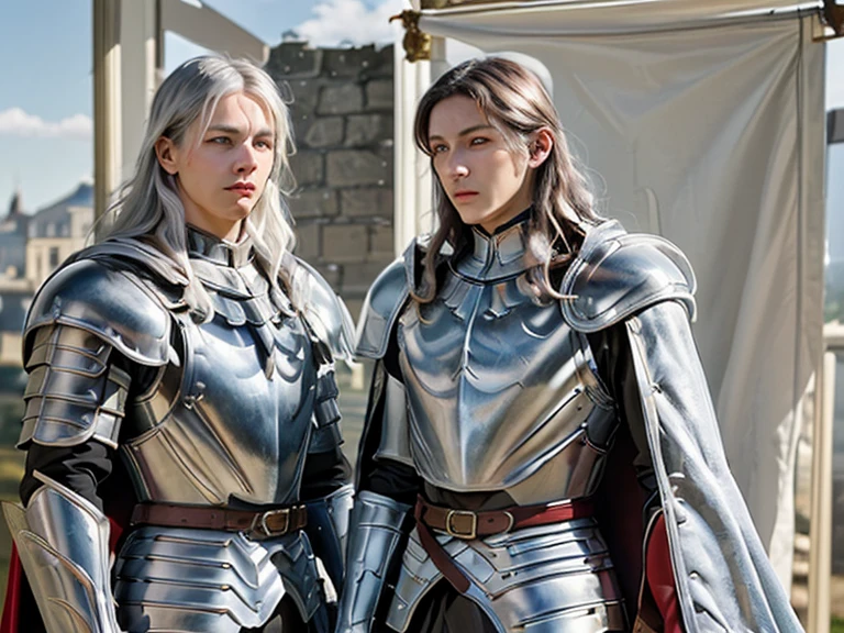 Against a backdrop of blue skies and a medieval landscape, an albino male figure with long wavy white hair and silver armor stands beside a brunette woman with short dark brown hair and piercing black eyes. She wears black armor, red gloves, and a flowing red cape. The man gazes at his reflection on a table, where a duplicate of himself stands, adorned in similar silver armor and holding a flag. A window behind them frames the scene, while a silver metal helmet sits nearby.