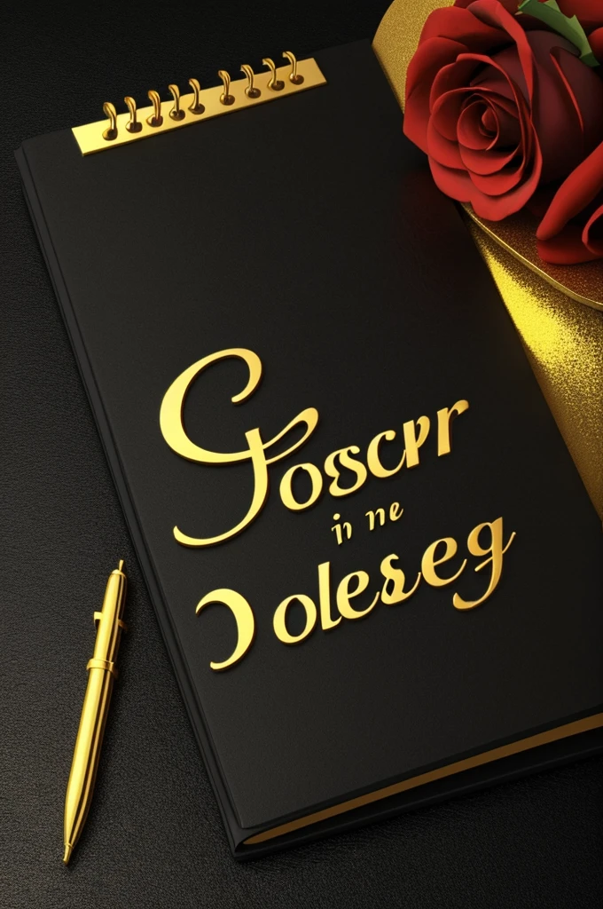 3d On top of a black diary ALAMGIR name is written in golden color bold letters,there is a red rose on the pass and some sign pens around it,black background,realistic 