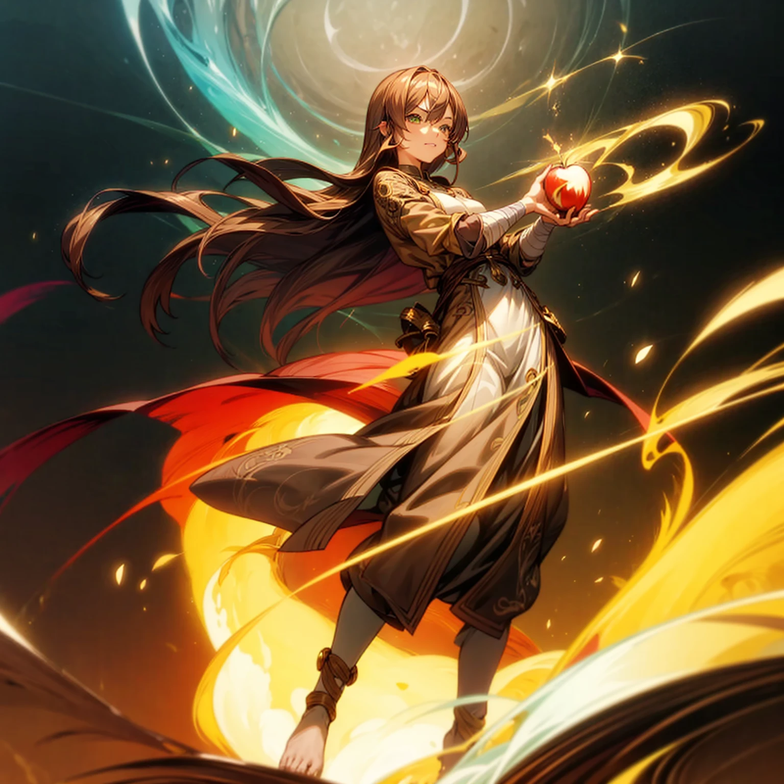 1girl, Full body version, 1character, adult version, green colour eyes, long haircut, brown colour hair, Happy expression, Bandage on his hand, medieval style clothing, gold Apple in hand, background in town, motion blur, aura effect, lighting gold Apple, smoke aura in hand, (pokemon style art)