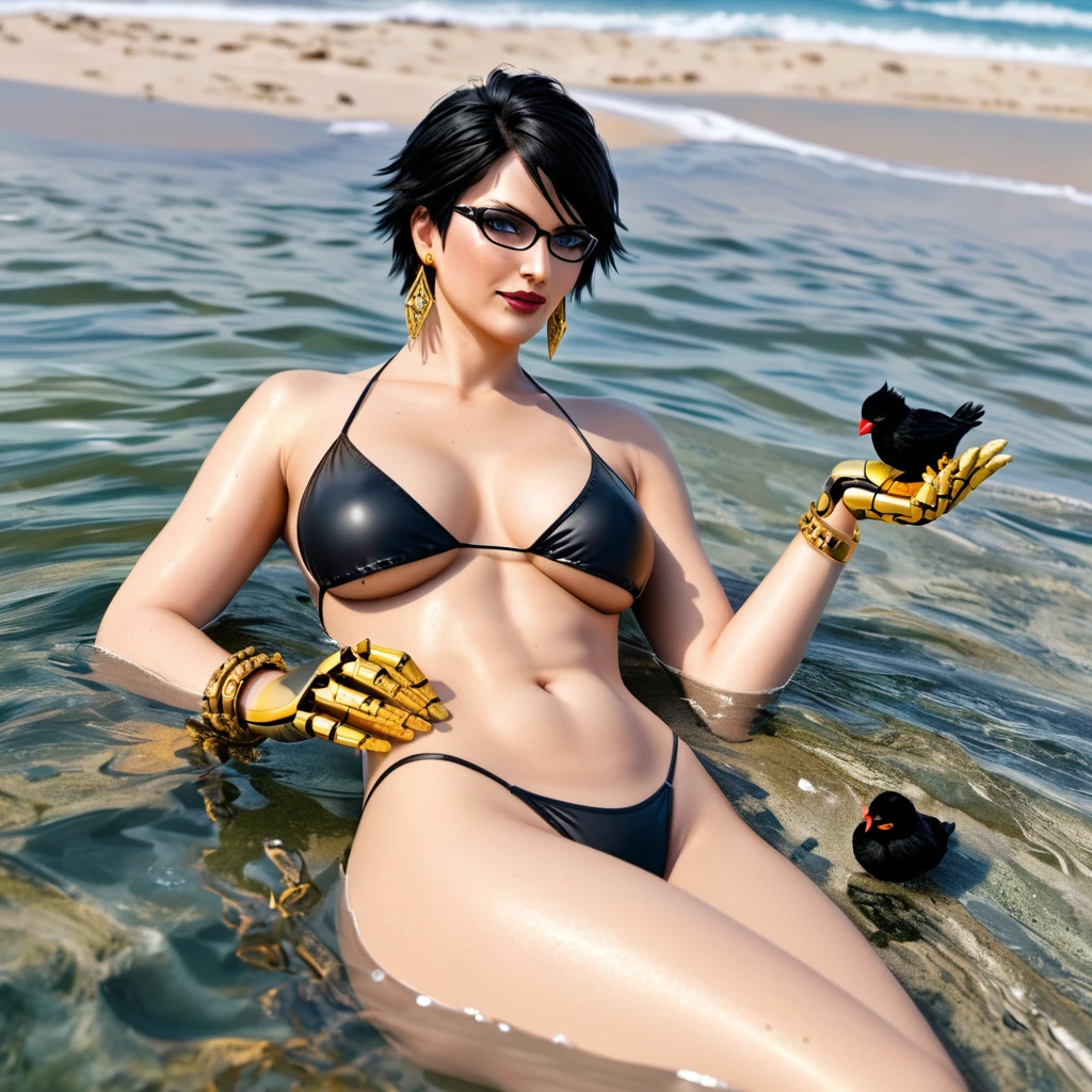 tall mature beautyfull woman, bayonetta shape, golden robotic hands, short hair, black chic glasses, golden earring, black bikini, golden bracelet, lying in water, in beach, slender body, natural bodym sensualizing
