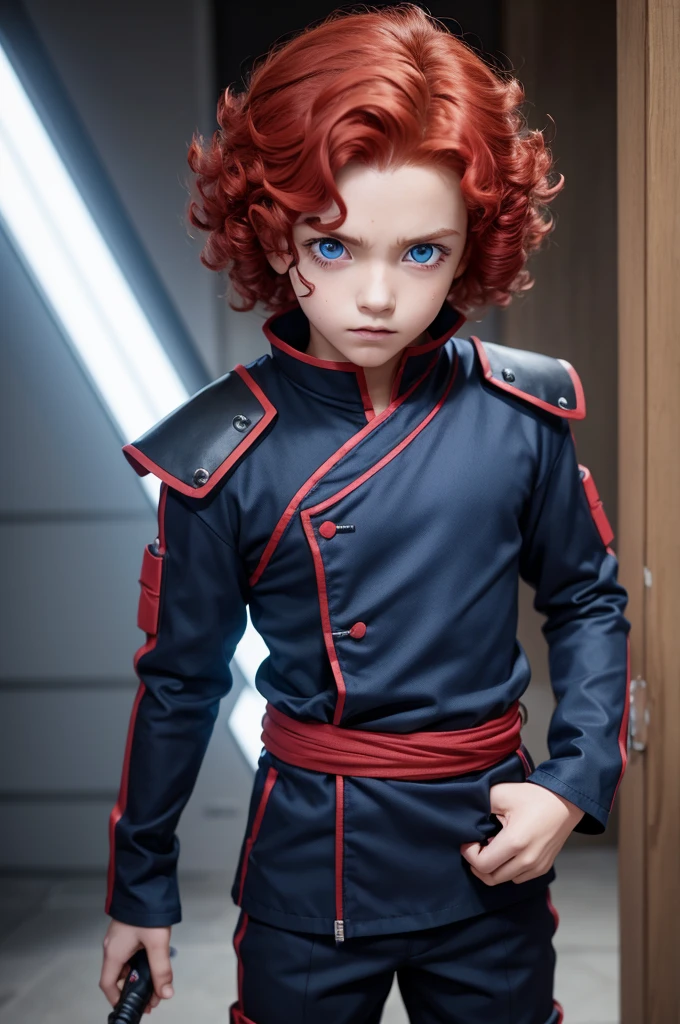 A boy with red curly hair, blue eye, Boruto outfit, with a clone