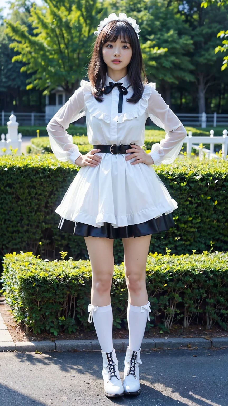 (8K、RAW Photos、Highest quality、masterpiece:1.2)、(Realistic、Realistic)、1 Girl、((Frills、See-through、ribbon、black and white mini skirt、Thin legs、whole body、boots、garden、View from the front、Looking into the camera、belt、Stand with hands on hips))、cute