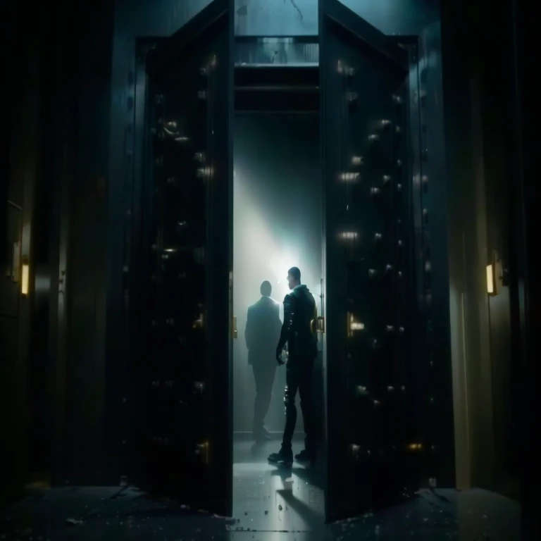 a close-up of a person standing in a doorway with a light on, set in the bank vault room, screenshot from a movie, bank robbery movies, dramatic entry, bank robbery movie, action scene screenshot, ainda de um filme de Ridley Scott, zack snyder cinematic style, still from a music video, set in cyberpunk bank vault, portrayed as a science fiction scene