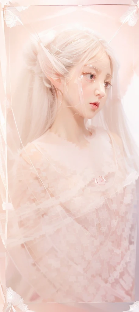 A girl、White hair、Long hair、Long and straight hair,Shawl hair,Light pink eyes,piece、Ruffles、Bow ribbon、Cute little、Masterpiece、Top image quality、Top quality,Catwoman,Small Breasts,Mid-chest,(sideways:1.6),(The chest is exposed from the side:1.8),(Delicate face:1.9),Tight skirt,(whole body:1.4),(Delicate and cute face:1.9)