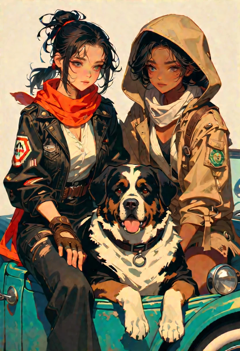 style 9, a woman with straight black hair tied in a ponytail 1, black eyes, tanned complexion, wearing old post-apocalyptic clothing, scarf, gloves, goggles, hood, sitting in an old car. Next to a Saint Bernard dog